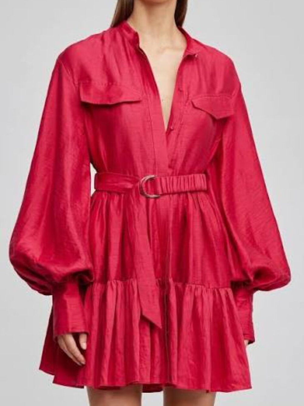 Acler Lalor Belted Tiered Mini Shirtdress Magenta Pink Red Long Sleeve Size 4